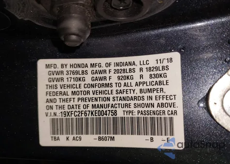 2019 Honda Civic Lx z USA, uszkodzony, nr VIN 19XFC2F67KE004758